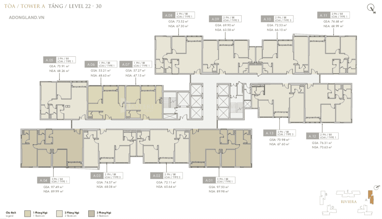 mặt bằng toà a tầng 22-30 masteri centre point