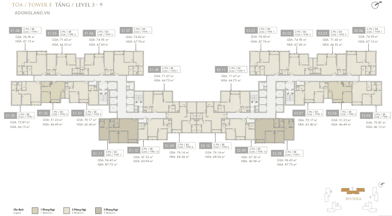 mặt bằng toà e tầng 3-9 masteri centre point