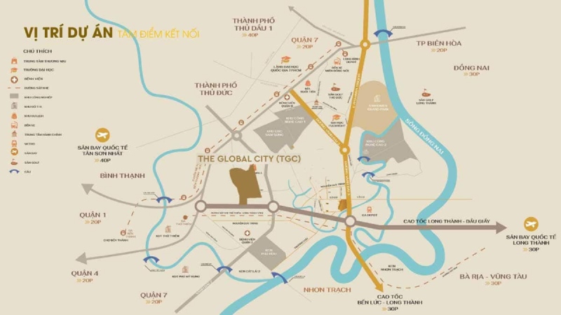 thời gian di chuyển từ vị trí The global city tới trung tâm