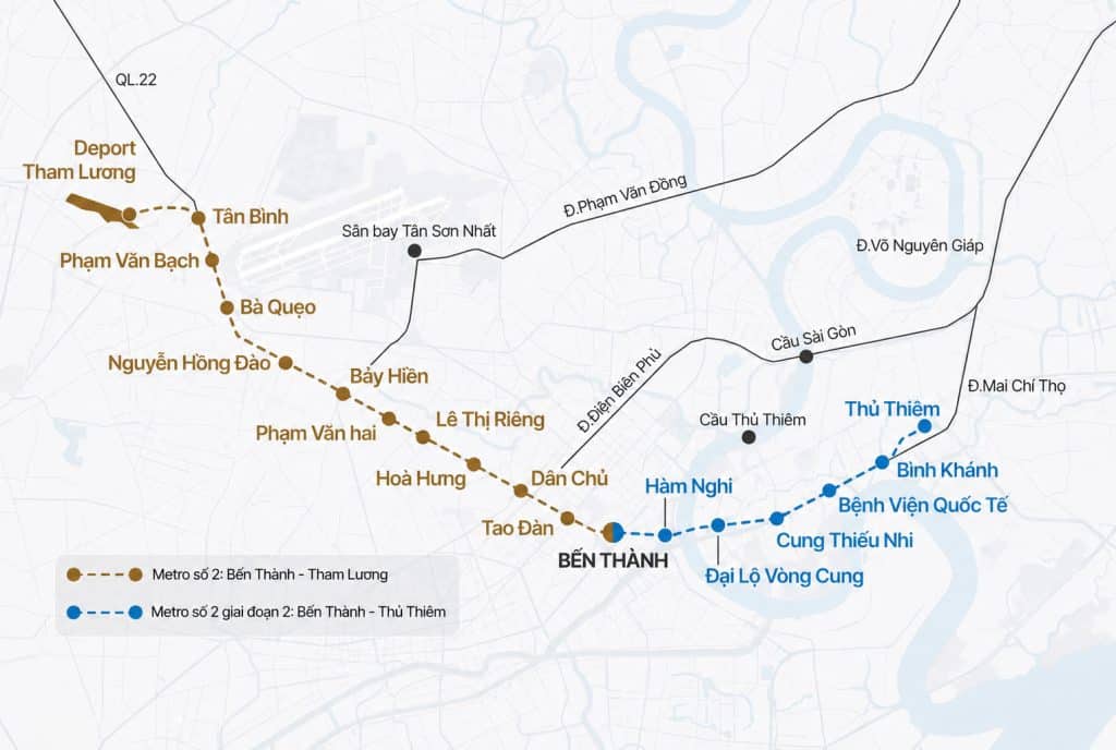 bản đồ Hướng tuyến Metro số 2 hai đoạn Bến Thành – Tham Lương & Bến Thành – Thủ Thiêm 
