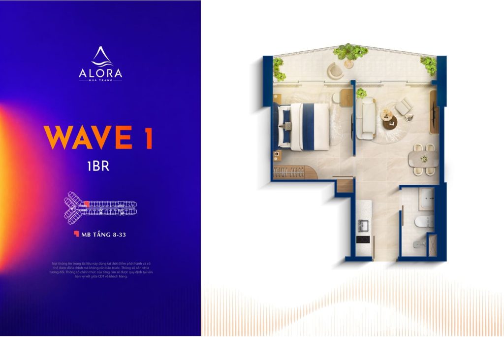 layout căn hộ 1PN Alora nha trang