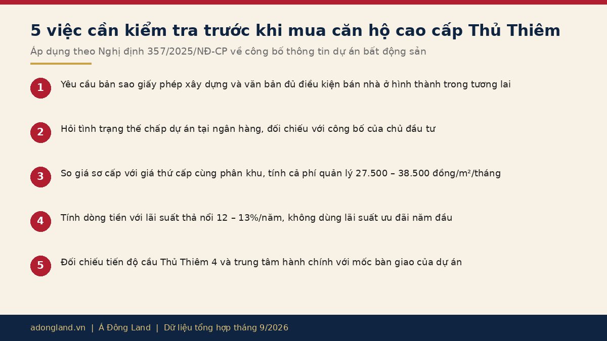 Checklist 5 việc cần kiểm tra trước khi mua căn hộ cao cấp Thủ Thiêm theo Nghị định 357/2025