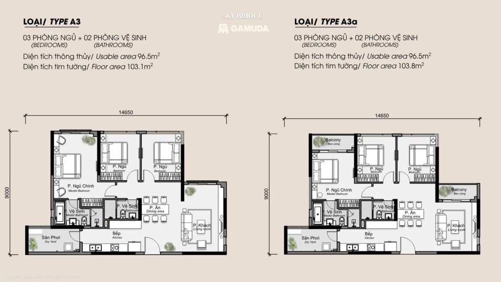 Mặt bằng căn hộ 3PN A3 Norton Park